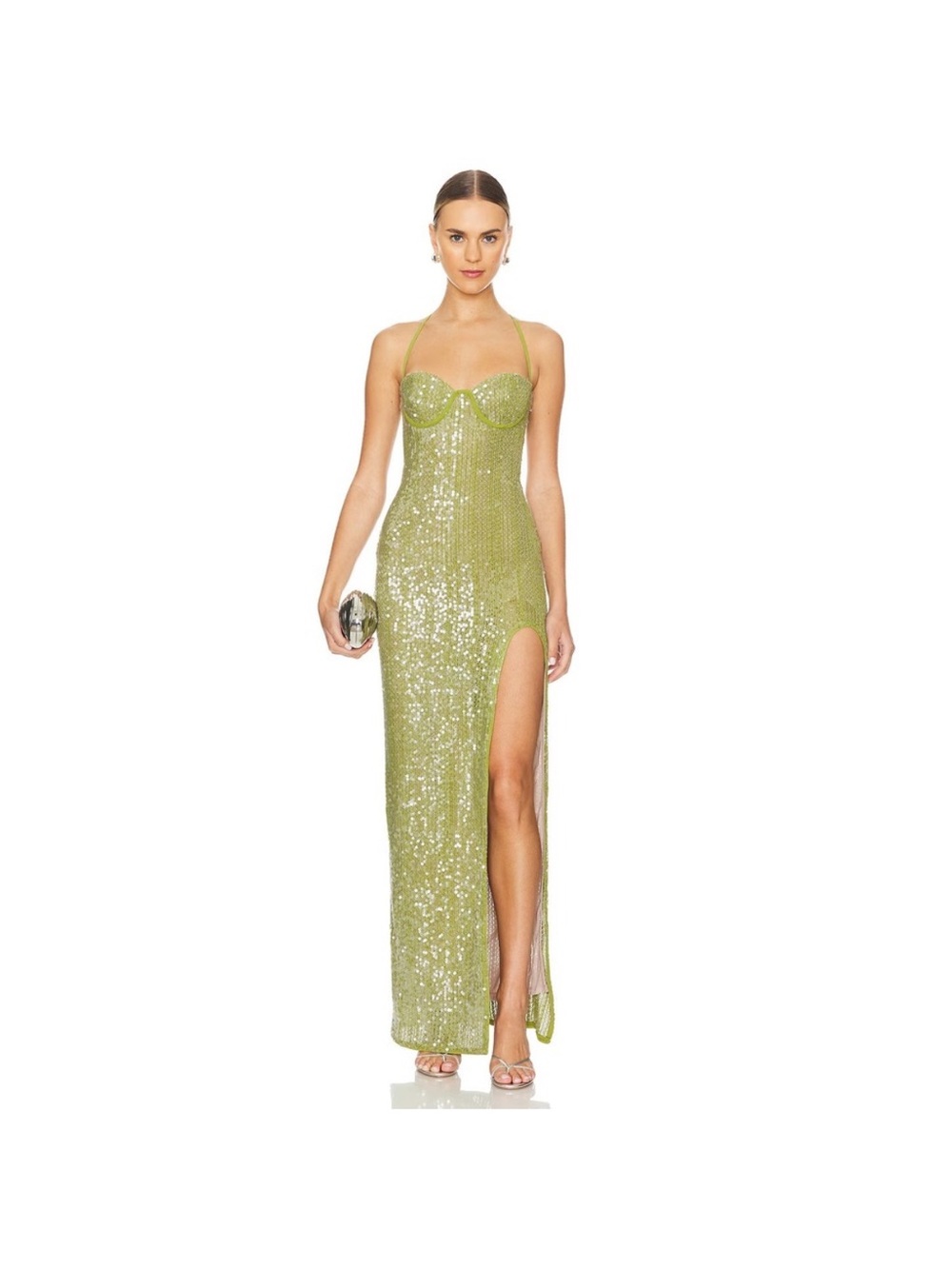Camila Coelho Lime Green Sequined Halter Gown with Thigh Slit